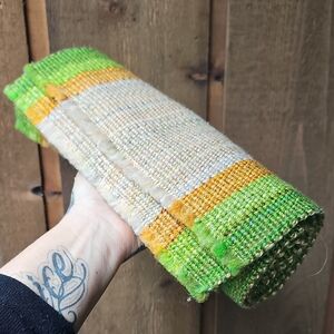 3 Handwoven Striped Placemats in Green, Yellow & Cream
